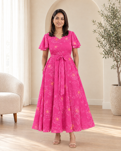 Fuchsia Flair Floral Flared Dress