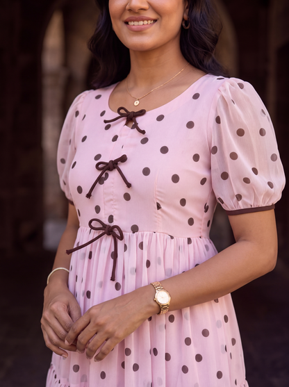 Maribel Blush Pink Polka Dot Chiffon Midi Dress