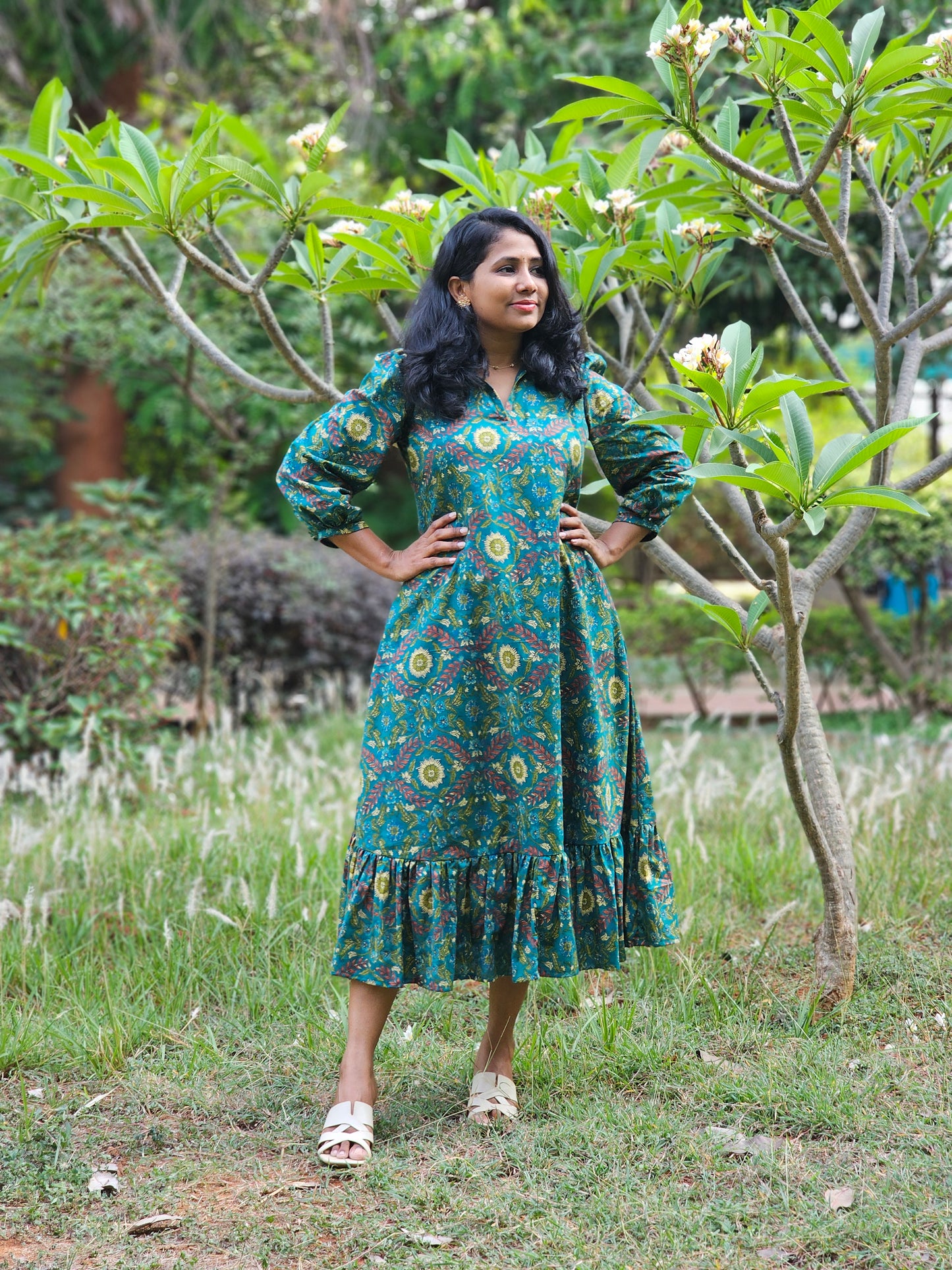 Forest Muse A line Cotton Midi Dress