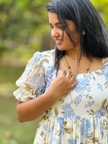 Iriselle White and Blue Floral  3 Tiered Dress