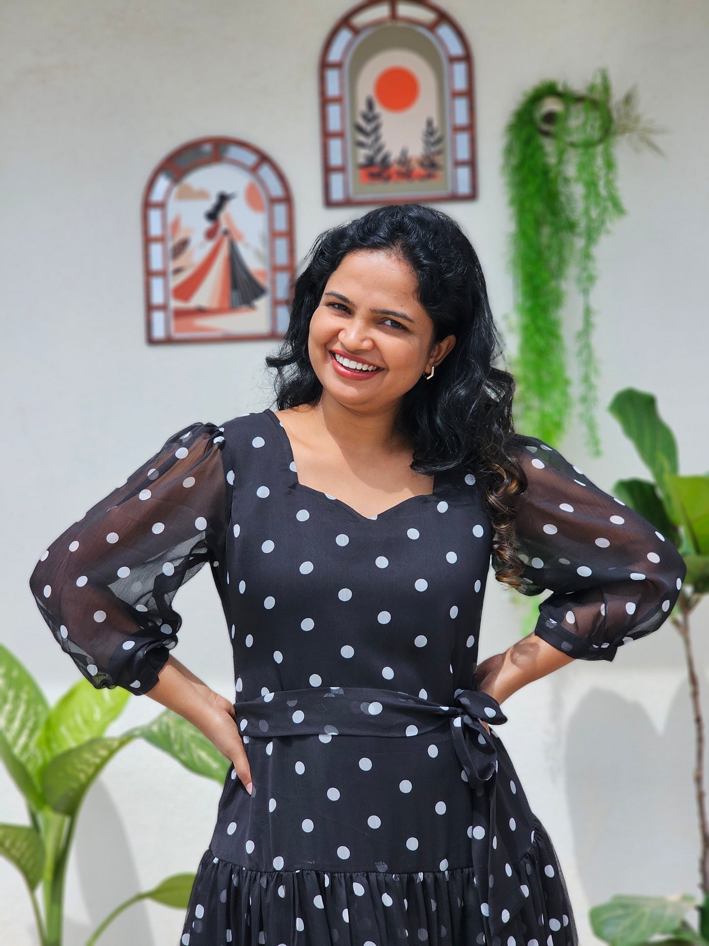 Black polka dots A line dress
