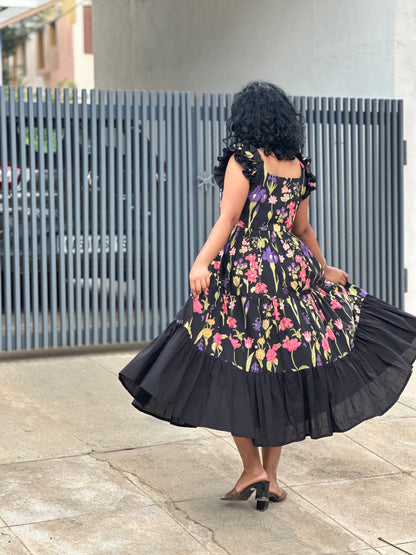 Zeya Black 3 tiered midi  Dress