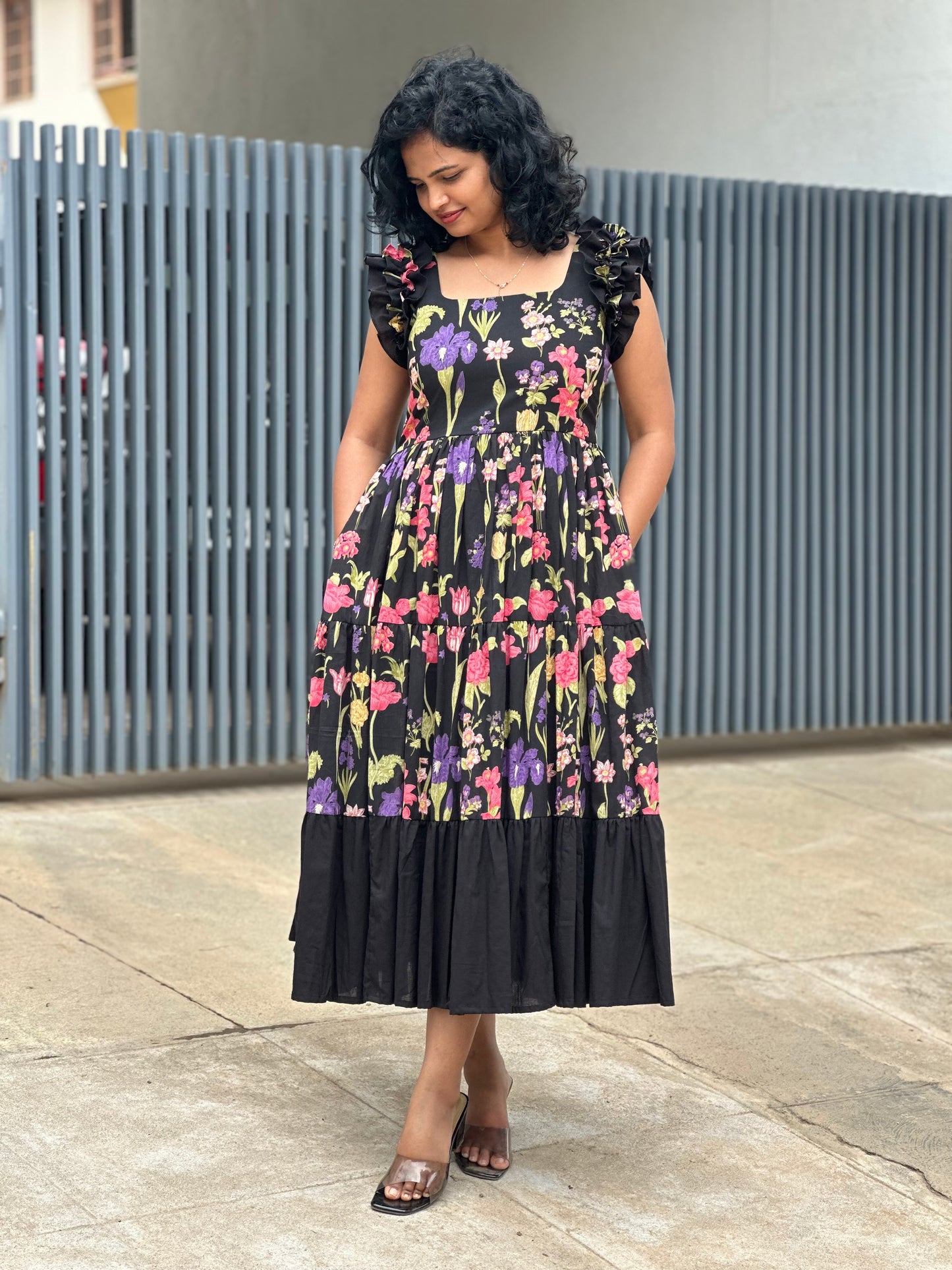 Zeya Black 3 tiered midi  Dress