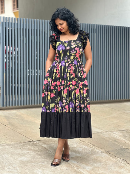 Zeya Black 3 tiered midi  Dress