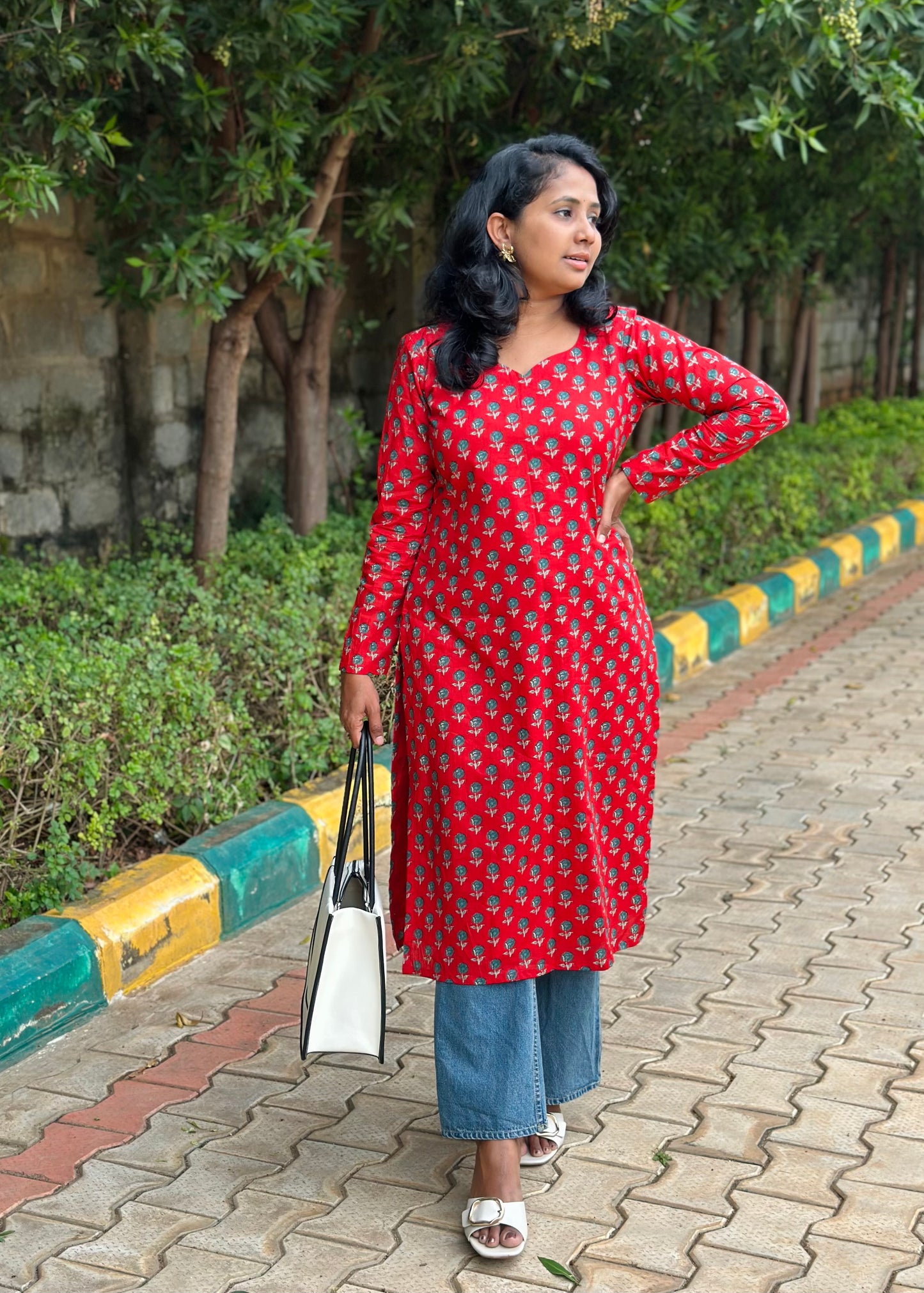 Red rose kurta with lining