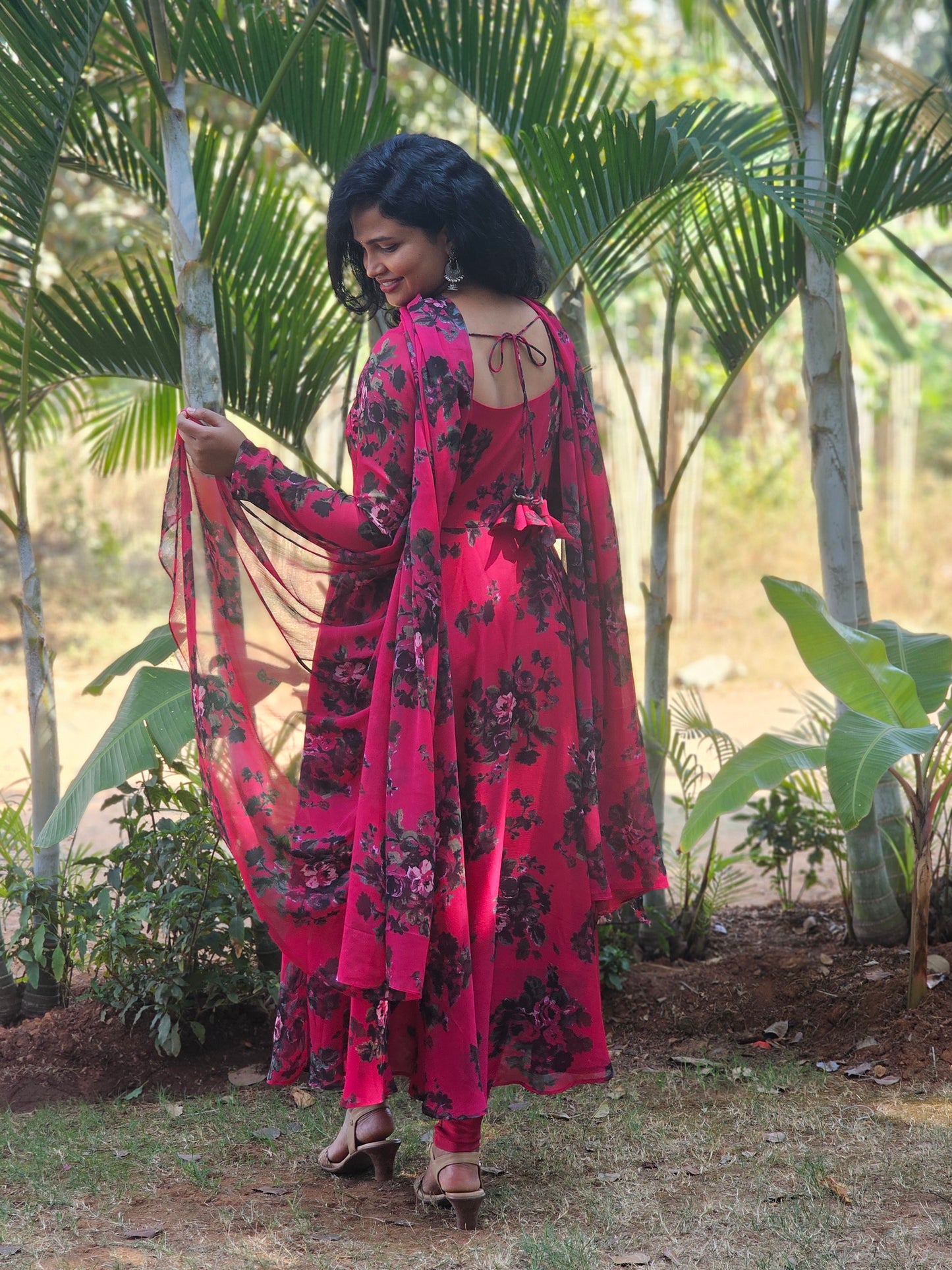 Berry Pink Floral Print Anarkali