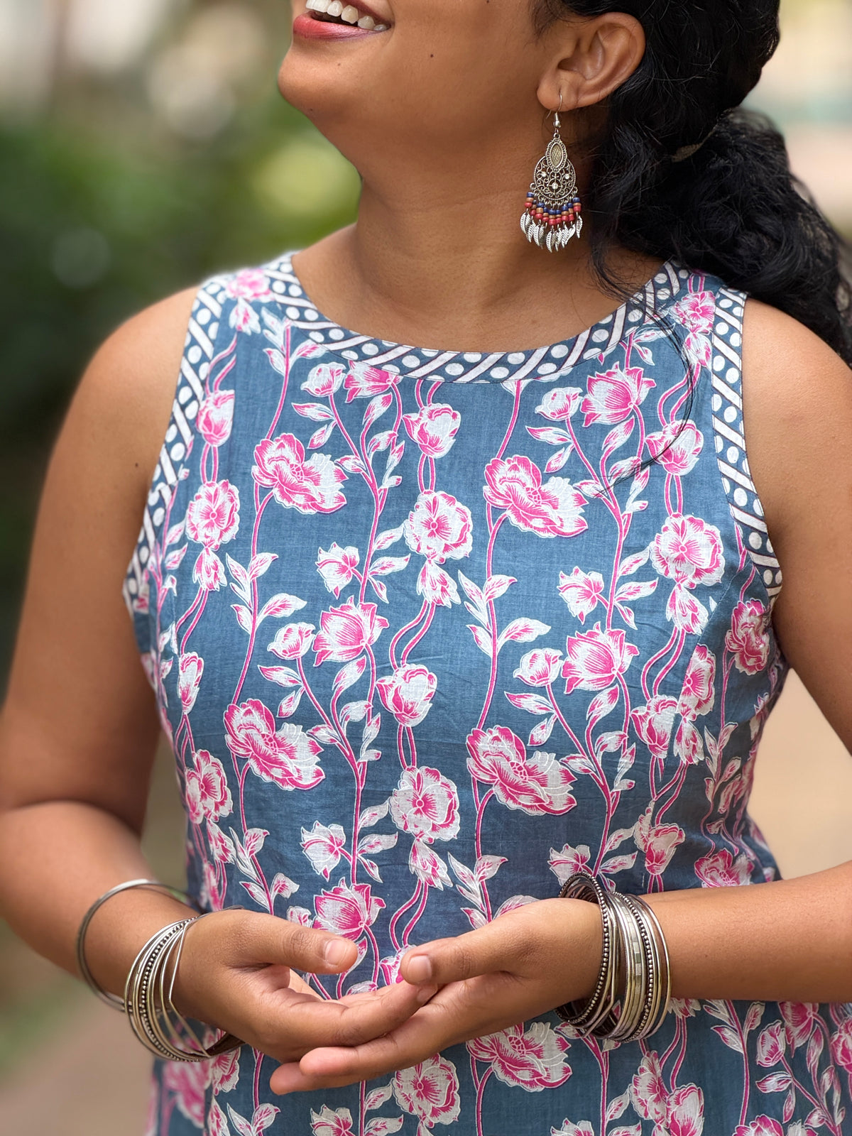 Nessa Gray Floral Panelled Cotton Midi Dress