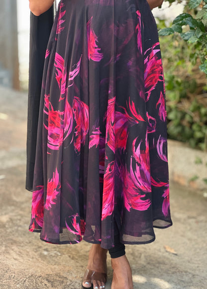 Black with Pink feather print Anarkali