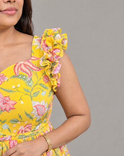 Sunlit Bloom Floral Ruffle Shoulder Chiffon Dress