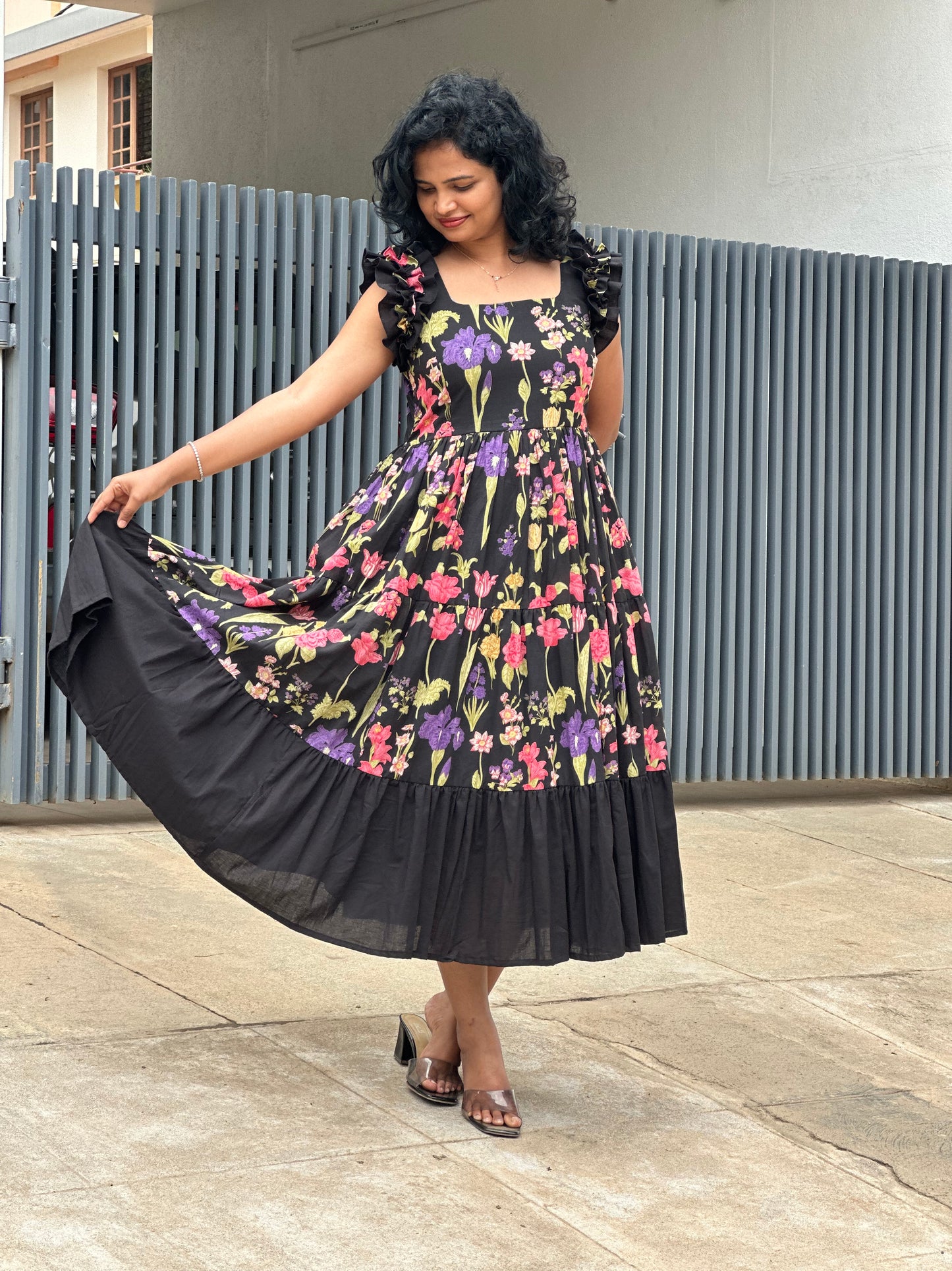 Zeya Black 3 tiered midi  Dress