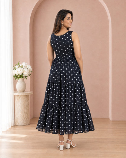 Polka Affair Dark Navy Blue Polka Dot Tiered Maxi Dress