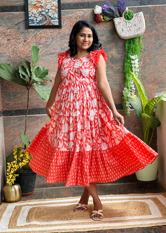 Coral Crush Cotton Midi Dress