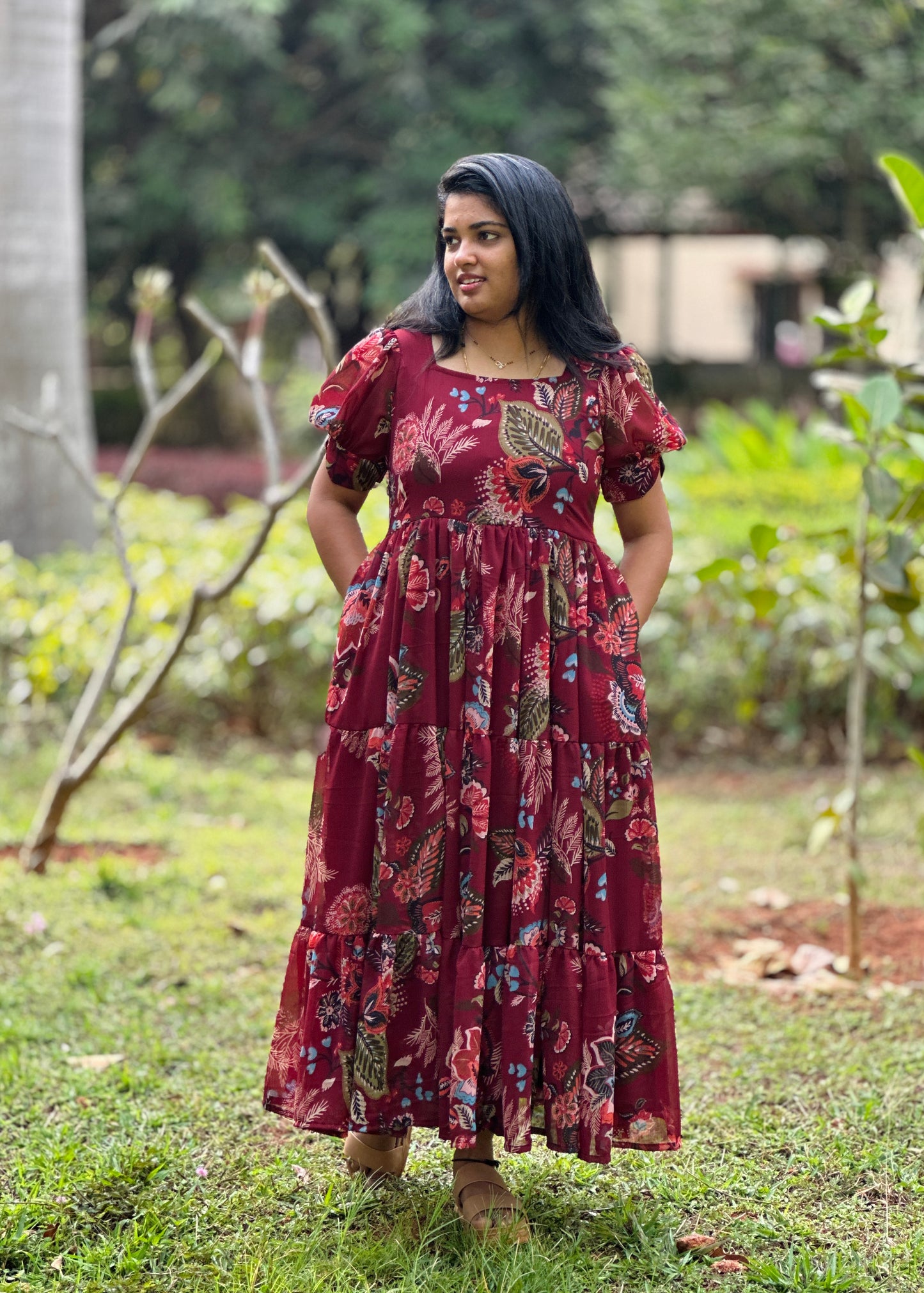 Sienora Maroon Floral  3 Tiered Dress