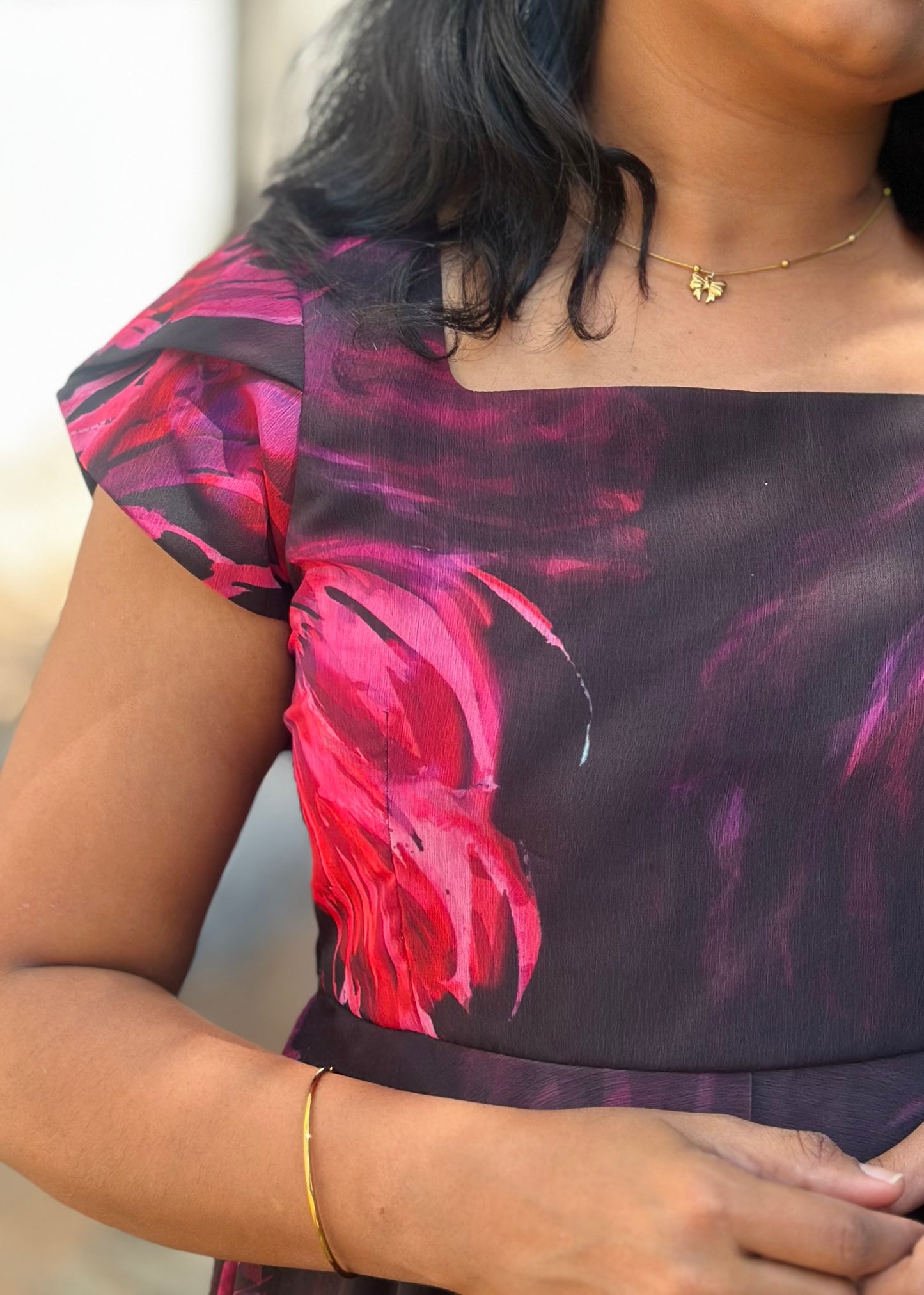 Black with Pink feather print Anarkali