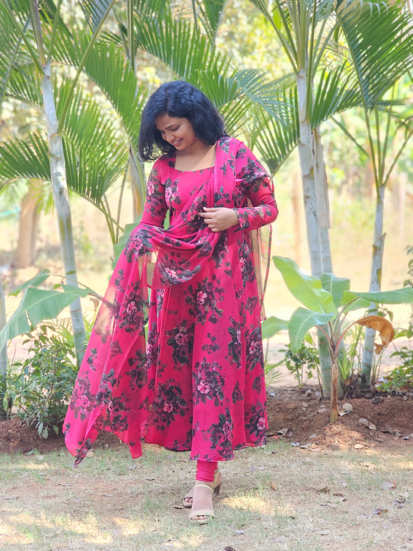 Berry Pink Floral Print Anarkali