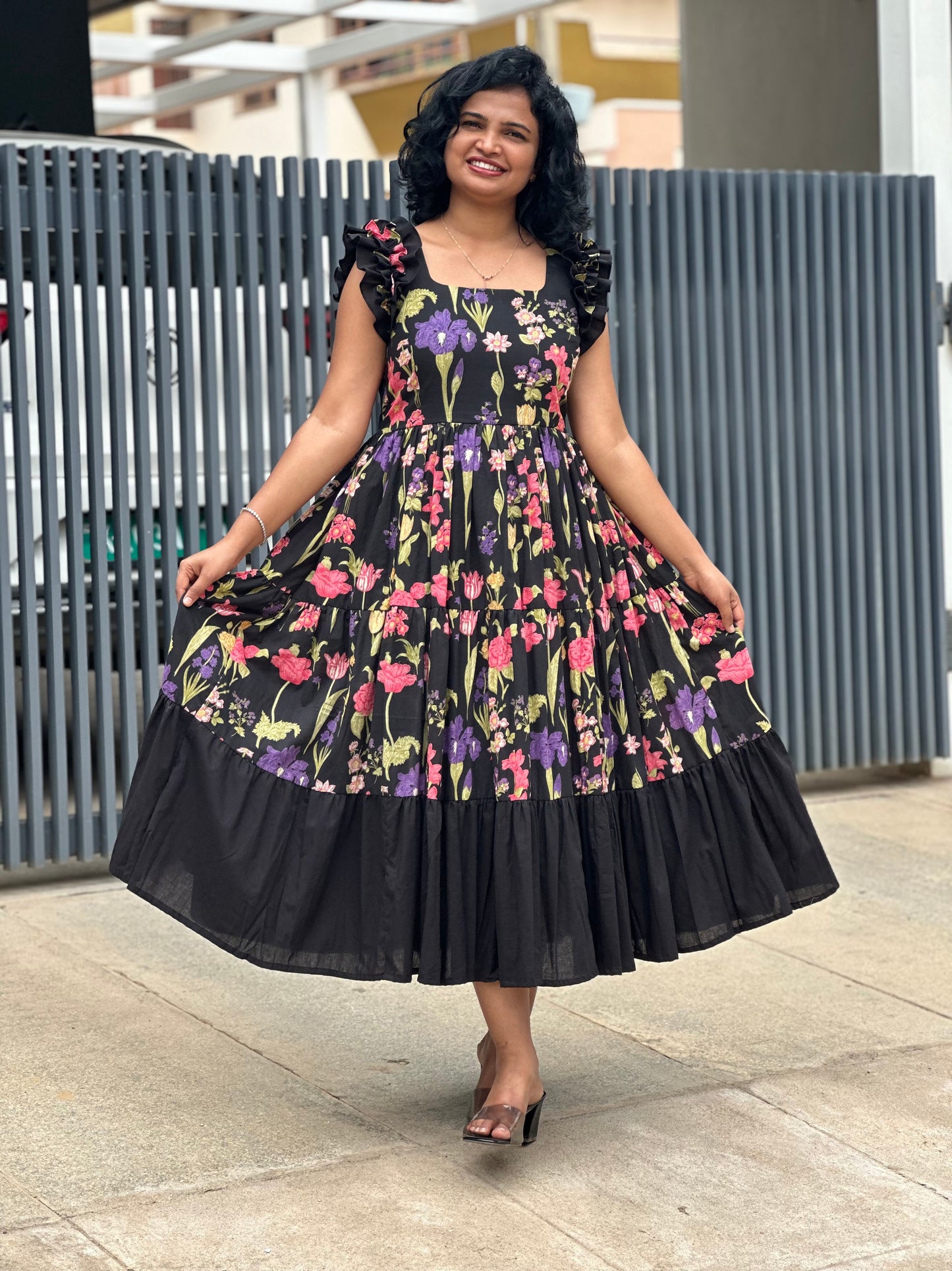 Zeya Black 3 tiered midi  Dress