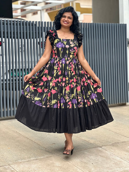 Zeya Black 3 tiered midi  Dress