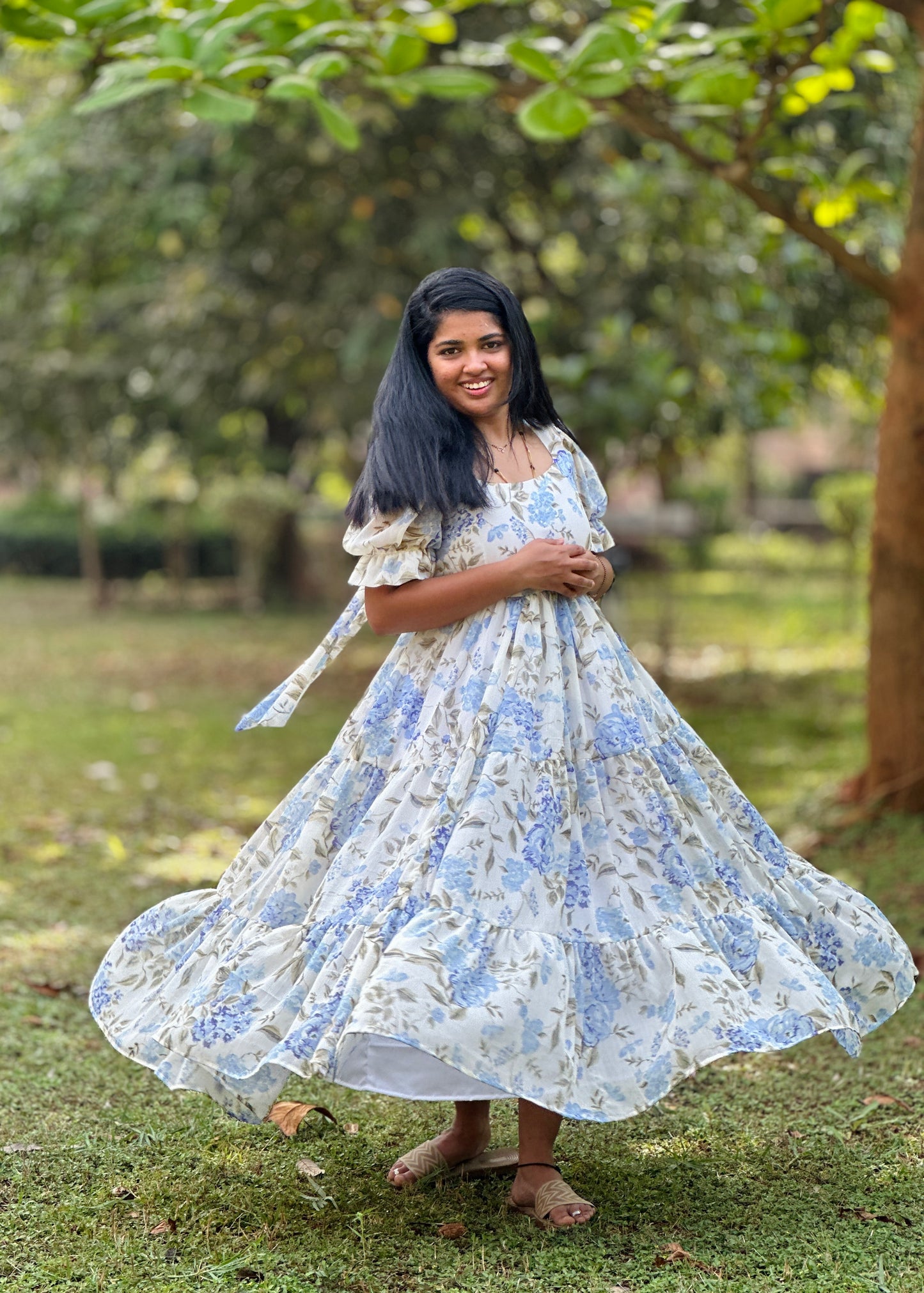 Iriselle White and Blue Floral  3 Tiered Dress