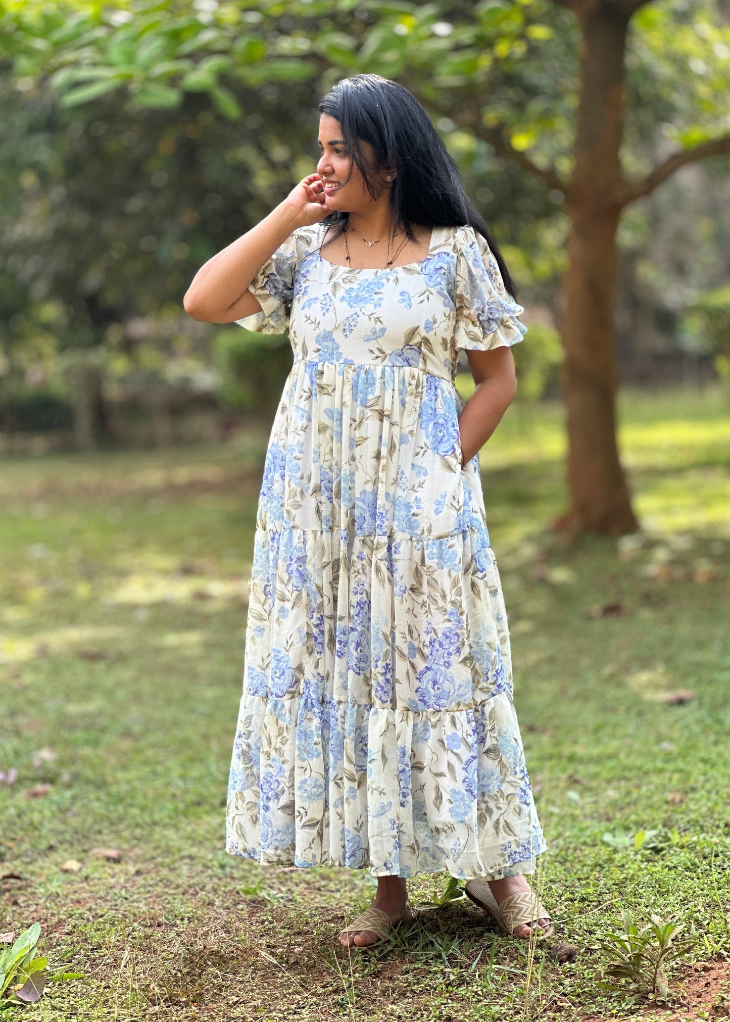 Iriselle White and Blue Floral  3 Tiered Dress