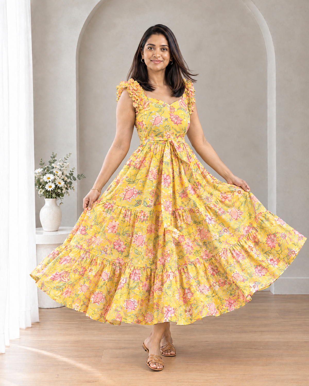 Sunlit Bloom Floral Ruffle Shoulder Chiffon Dress