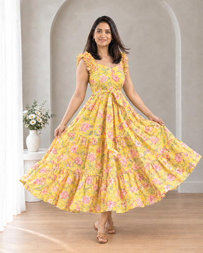 Sunlit Bloom Floral Ruffle Shoulder Chiffon Dress
