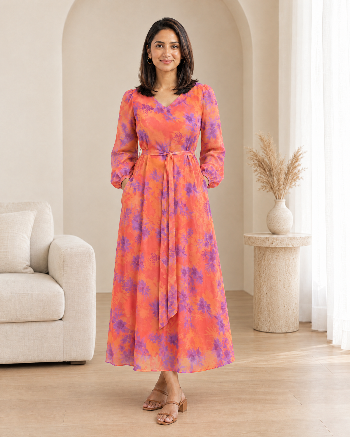 Sunset Splash oral Orange Floral Flared Dress