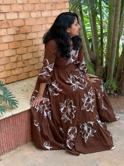 Siena Cotton Maxi Dress — Brown Floral Print