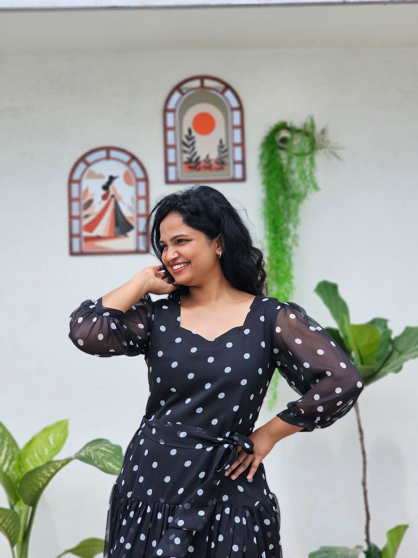Black polka dots A line dress