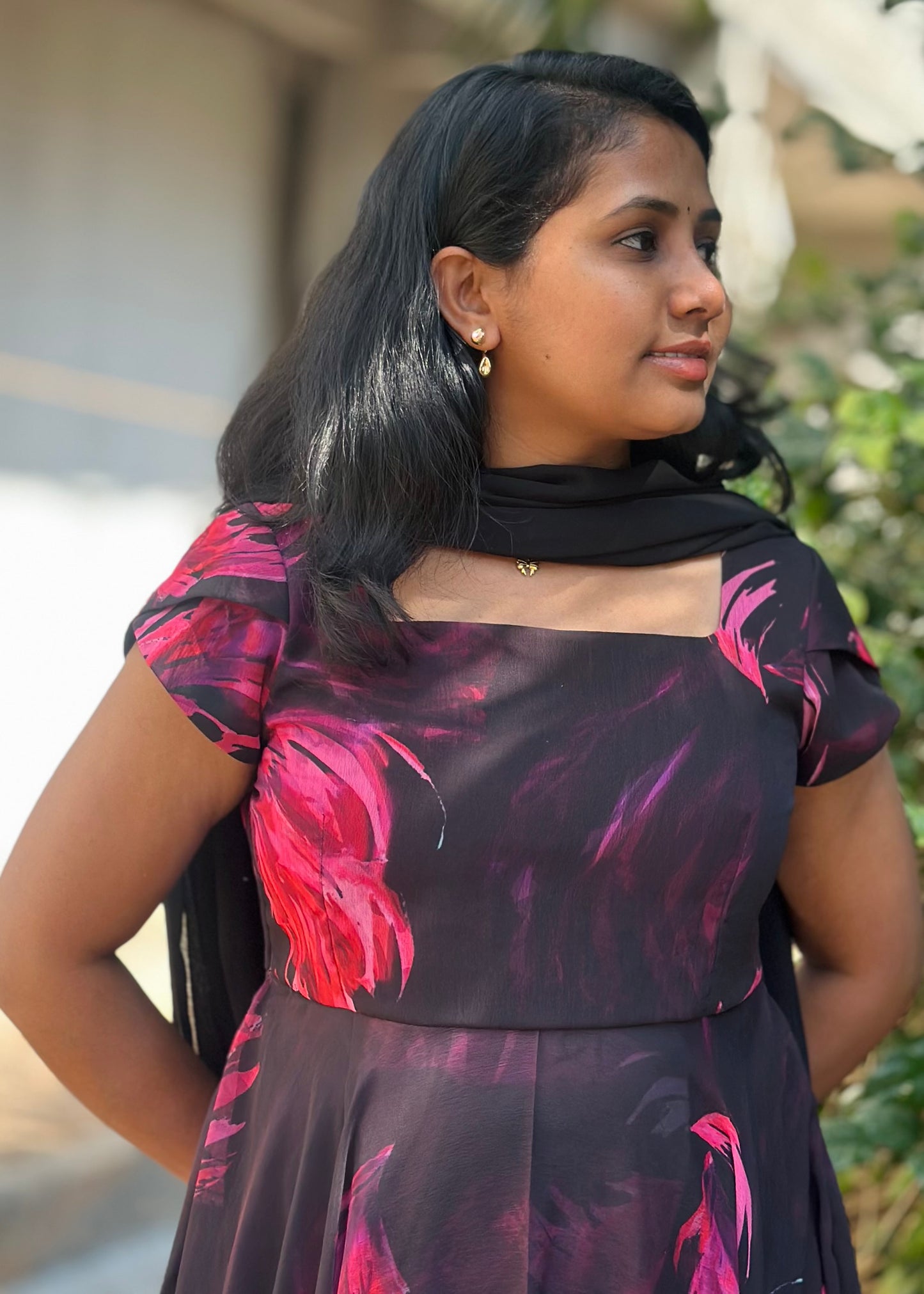 Black with Pink feather print Anarkali
