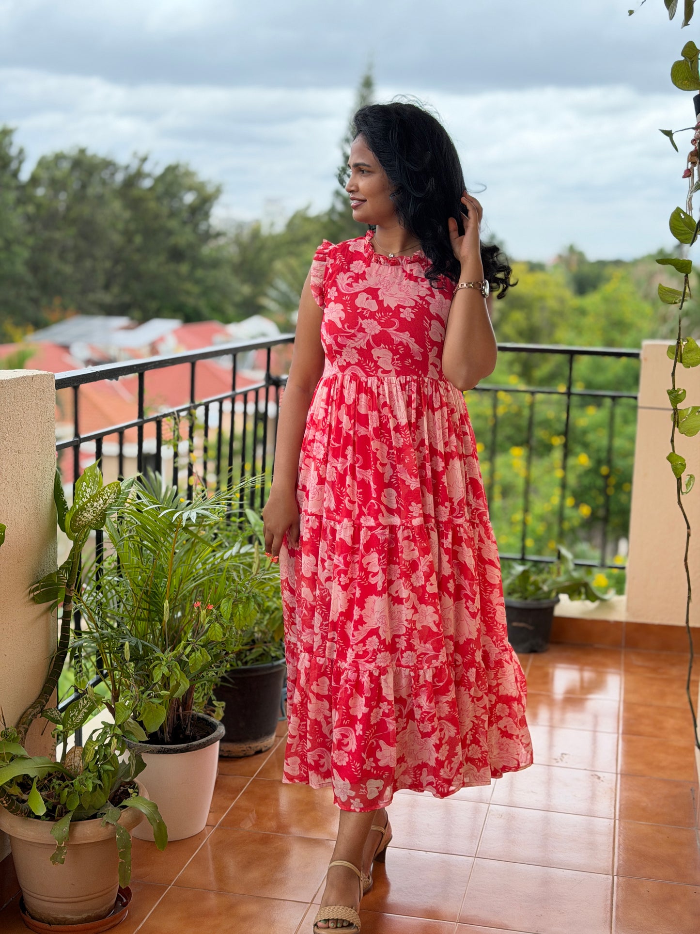 Midora Red Chiffon tiered dress