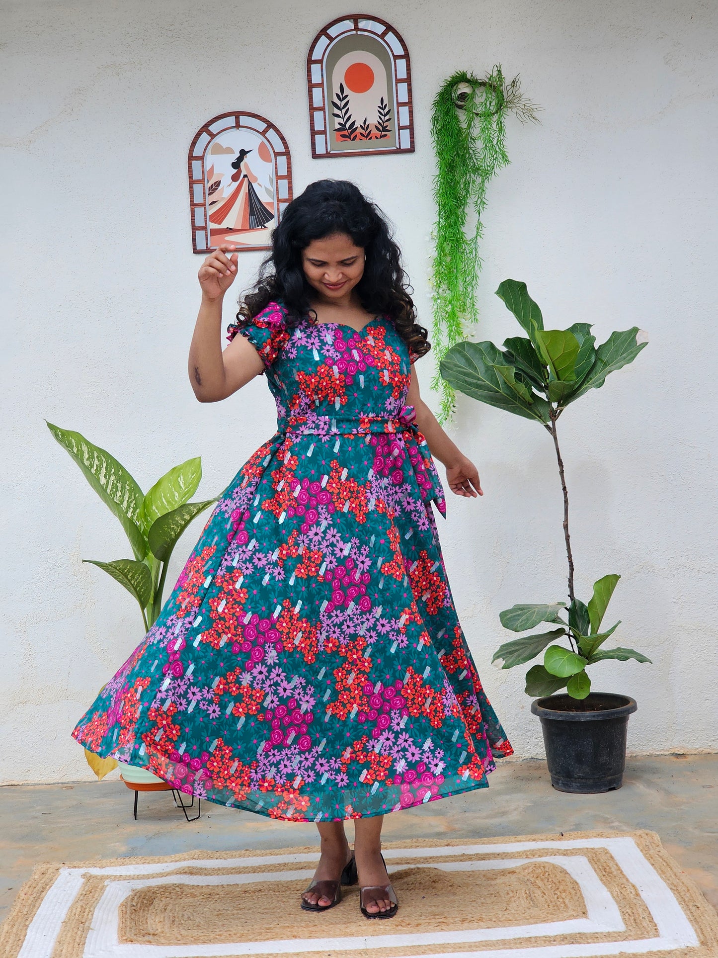 Green & pink umbrella dress