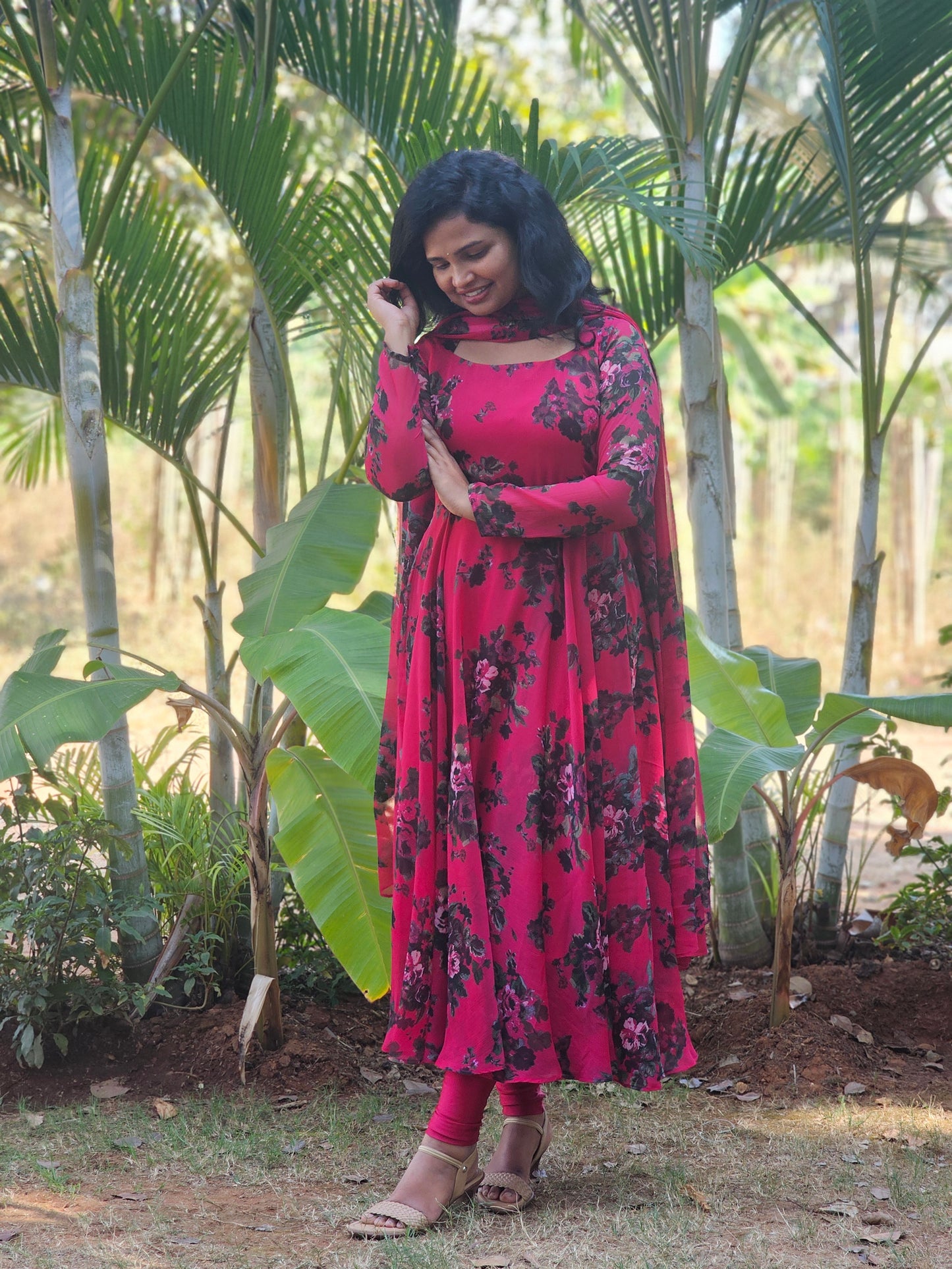 Berry Pink Floral Print Anarkali