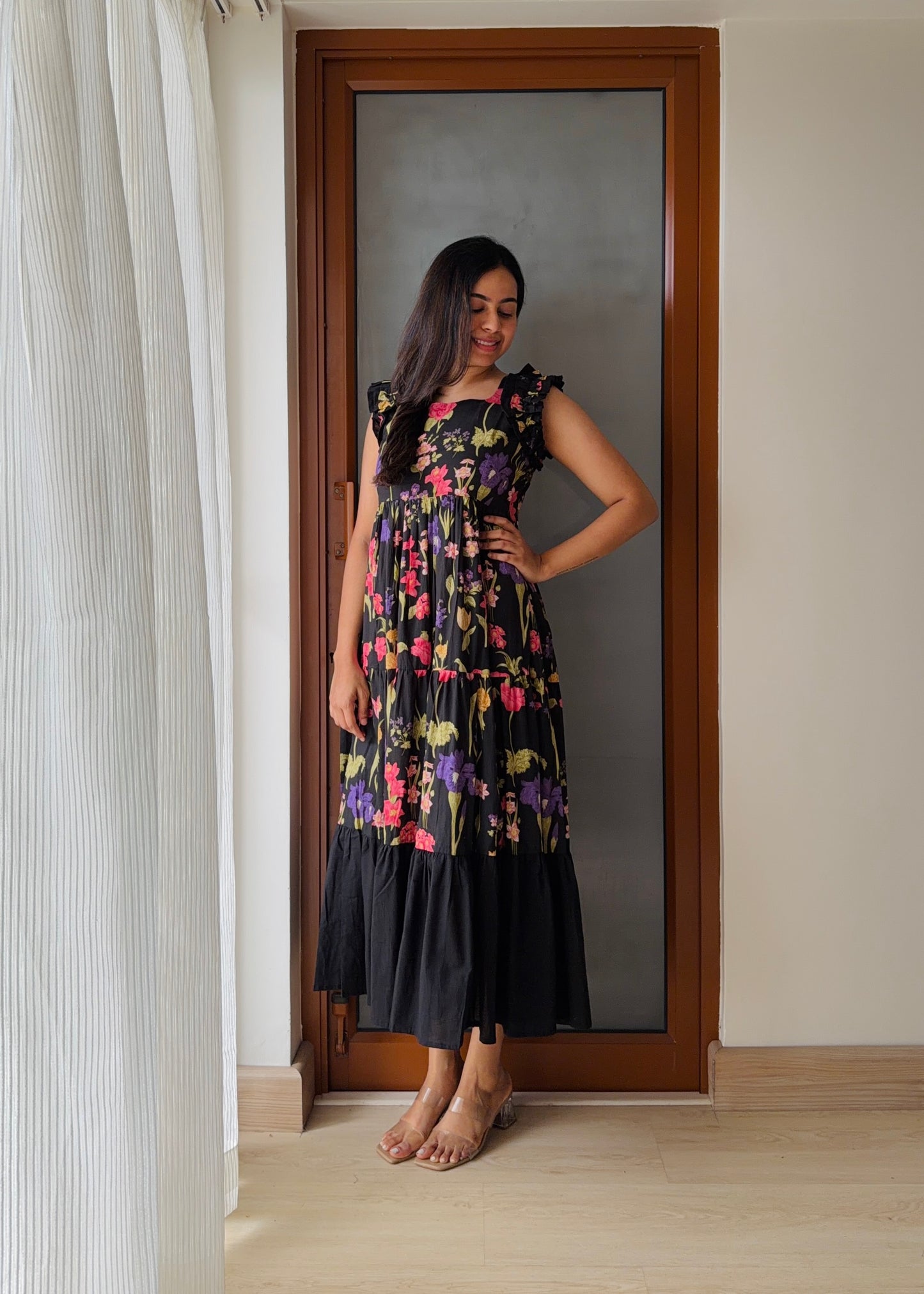 Zeya Black 3 tiered midi  Dress