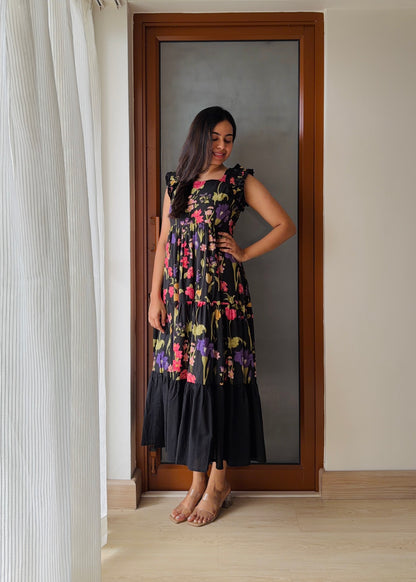 Zeya Black 3 tiered midi  Dress