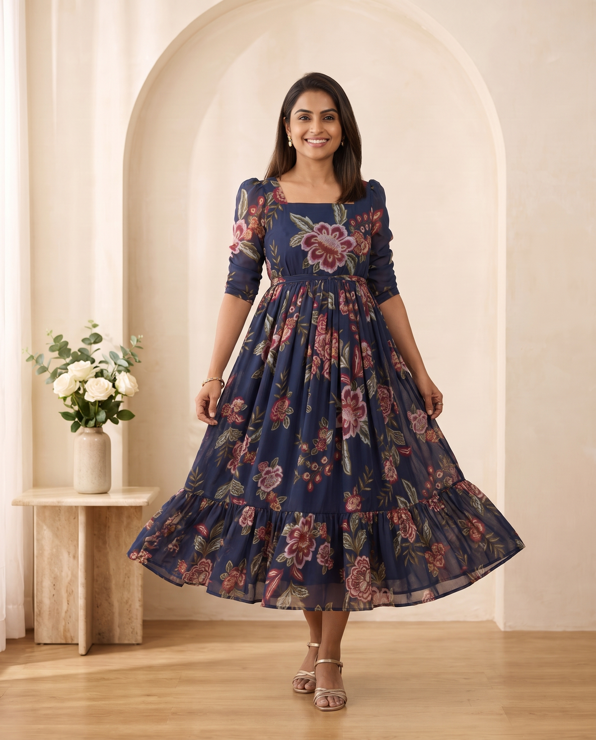 Indigo Charm Georgette Midi Dress