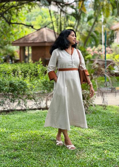 Cotton Linen Midi Dress with Collar, Pockets-Ivory Colour – Office Wear – Ready to Ship