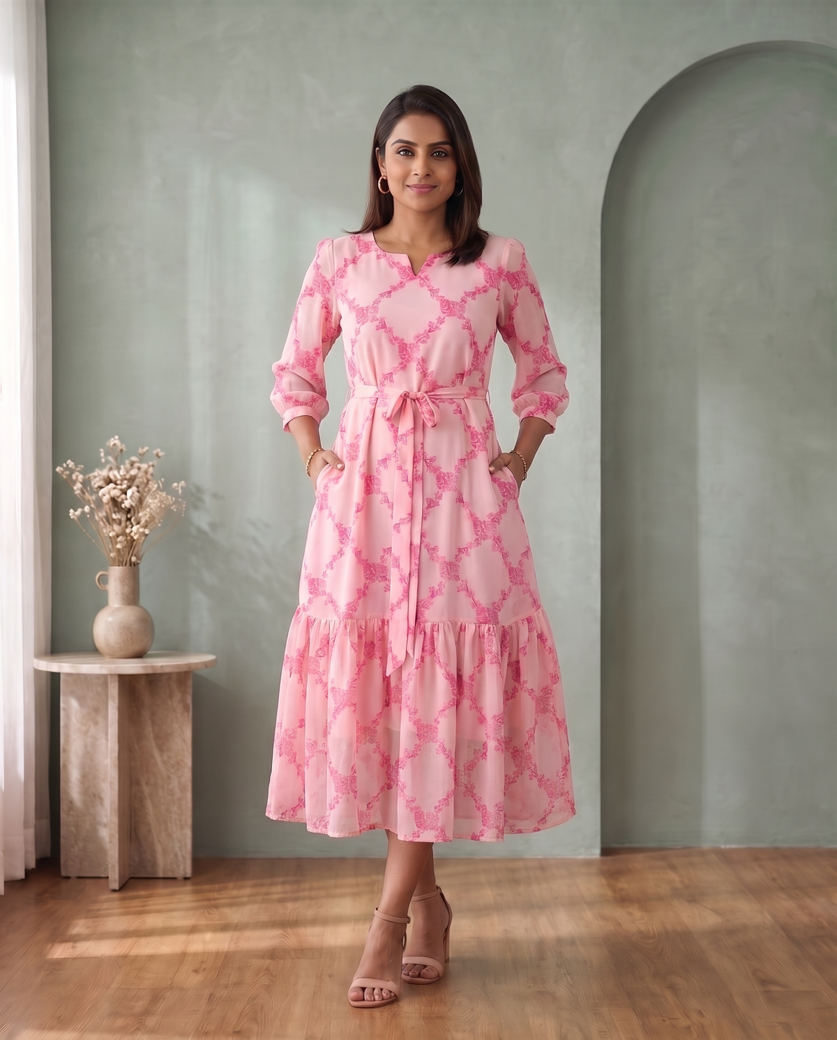 Rose Tangle Blush Pink Floral Midi Dress