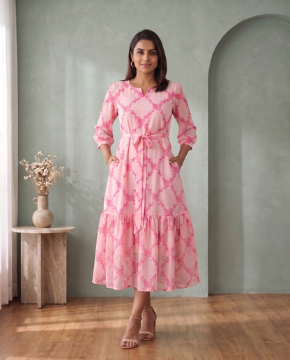 Rose Tangle Blush Pink Floral Midi Dress