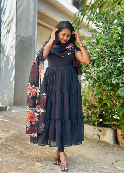 Black Tiered Anarkali with printed dupatta