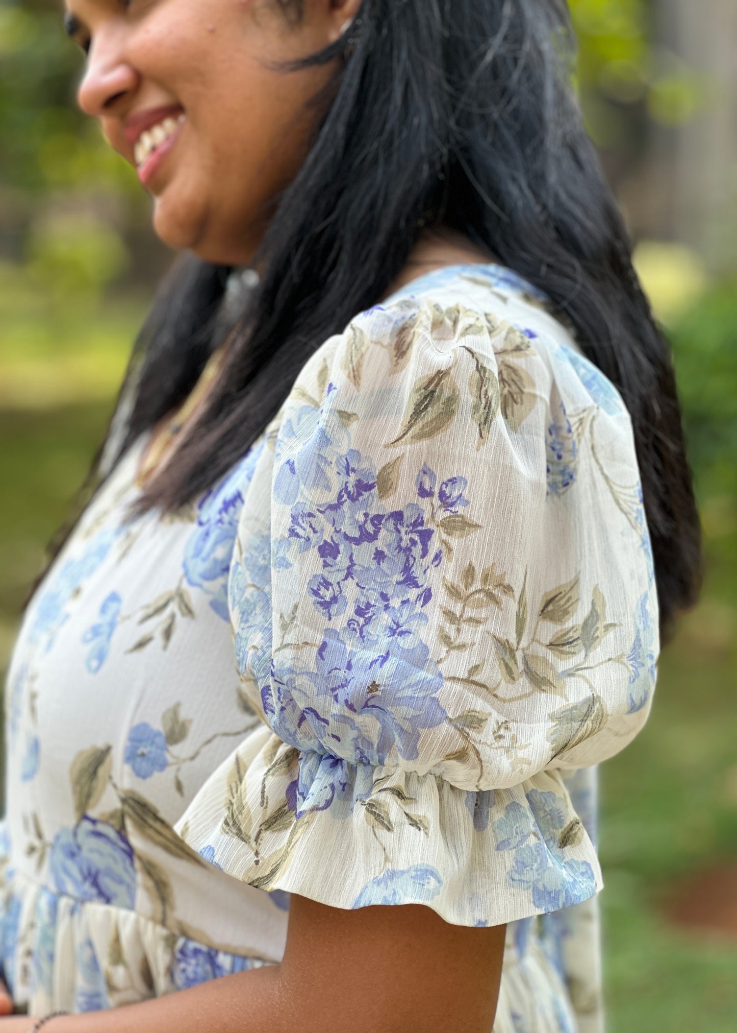 Iriselle White and Blue Floral  3 Tiered Dress