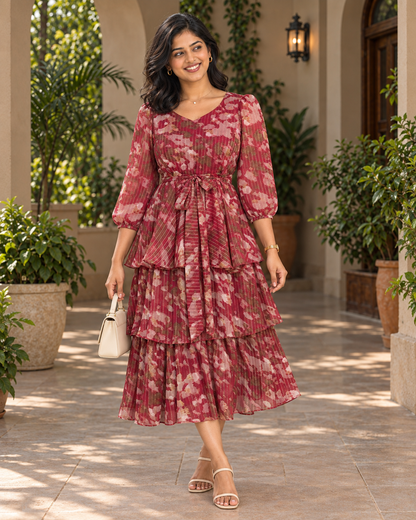 Juliette Maroon Layered Georgette Dress