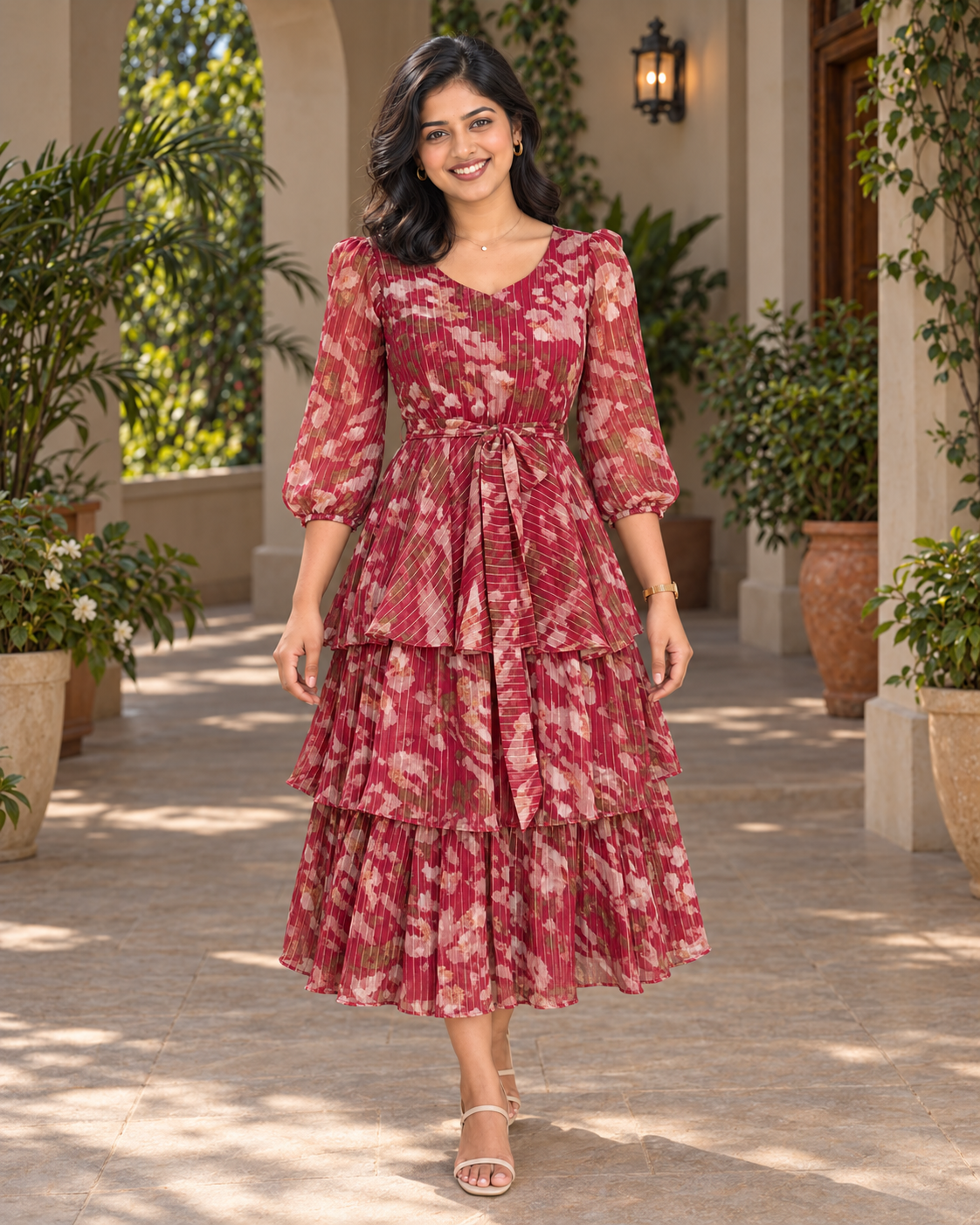 Juliette Maroon Layered Georgette Dress