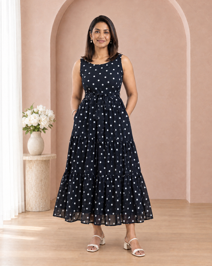 Polka Affair Dark Navy Blue Polka Dot Tiered Maxi Dress