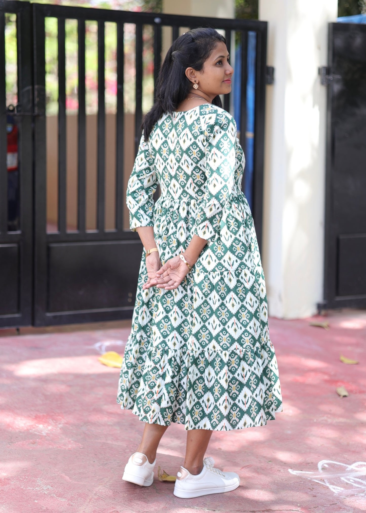 Jinisha Patola Print Cotton 3 Tier Midi Dress