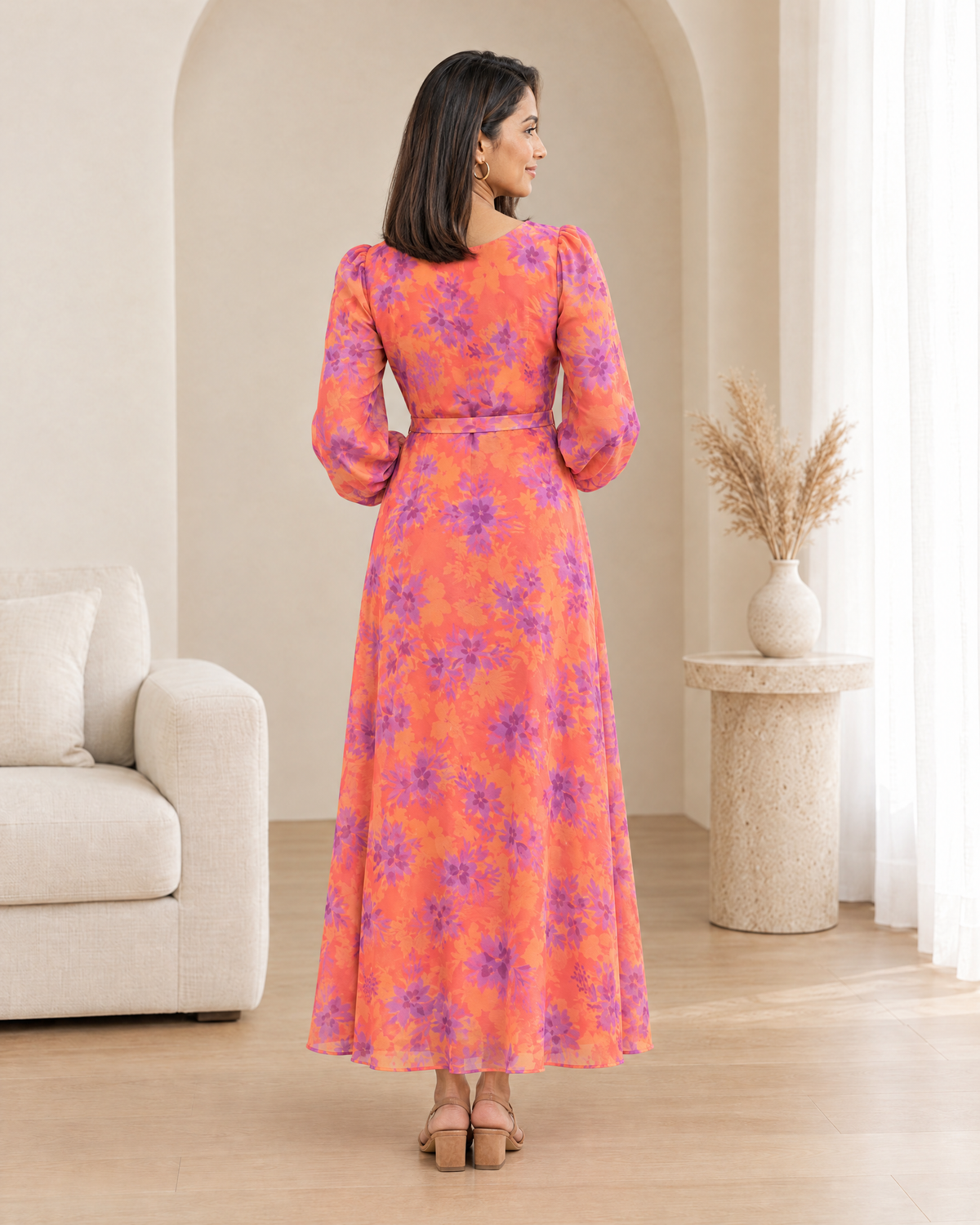 Sunset Splash oral Orange Floral Flared Dress
