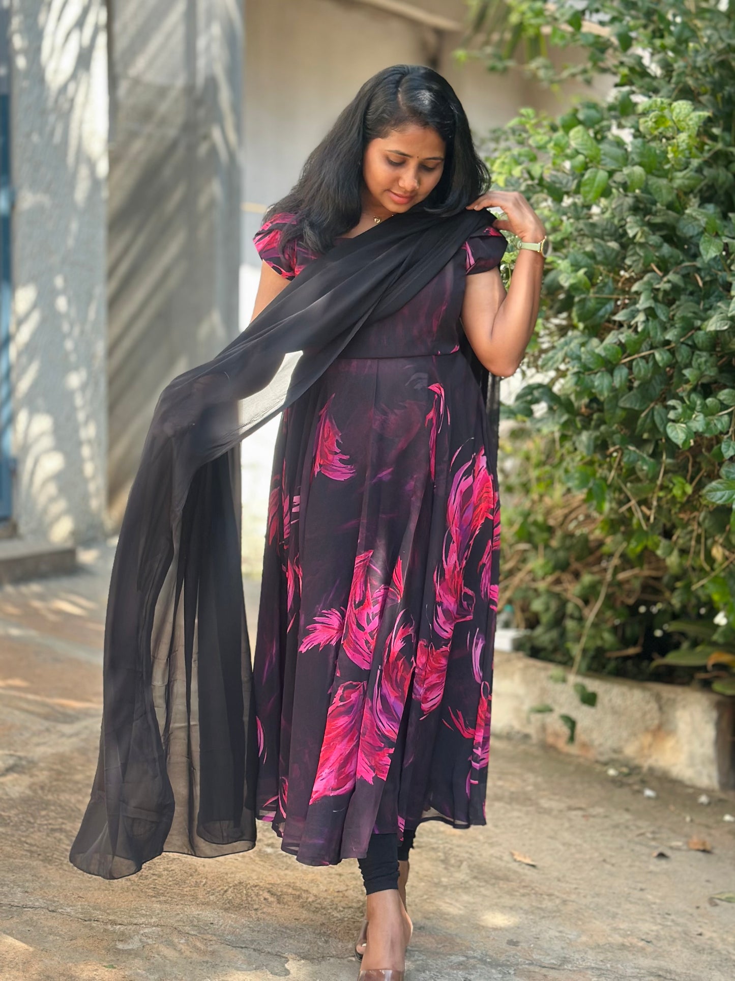 Black with Pink feather print Anarkali