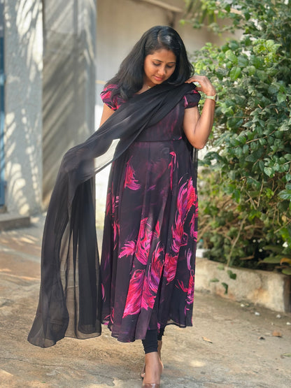 Black with Pink feather print Anarkali