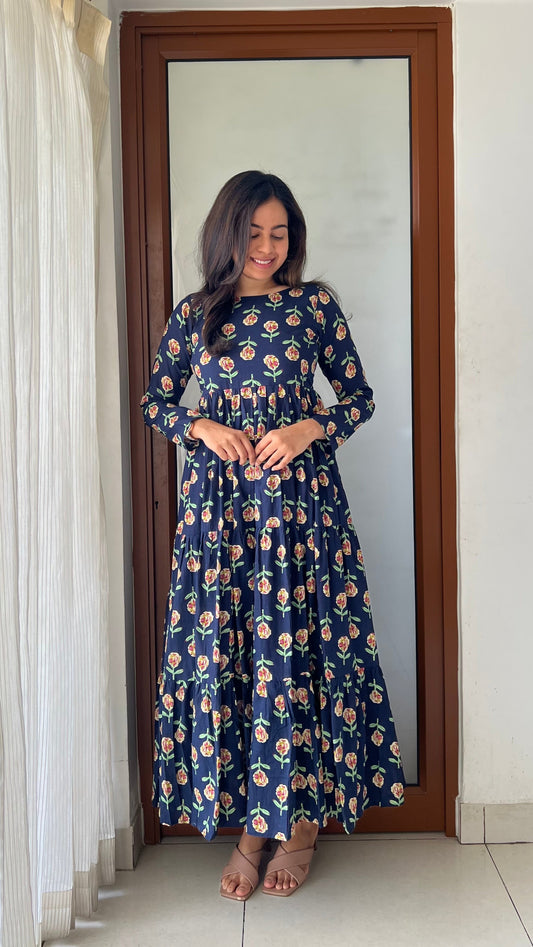 Harshini Blue Floral 3 Tier Cotton Maxi Dress