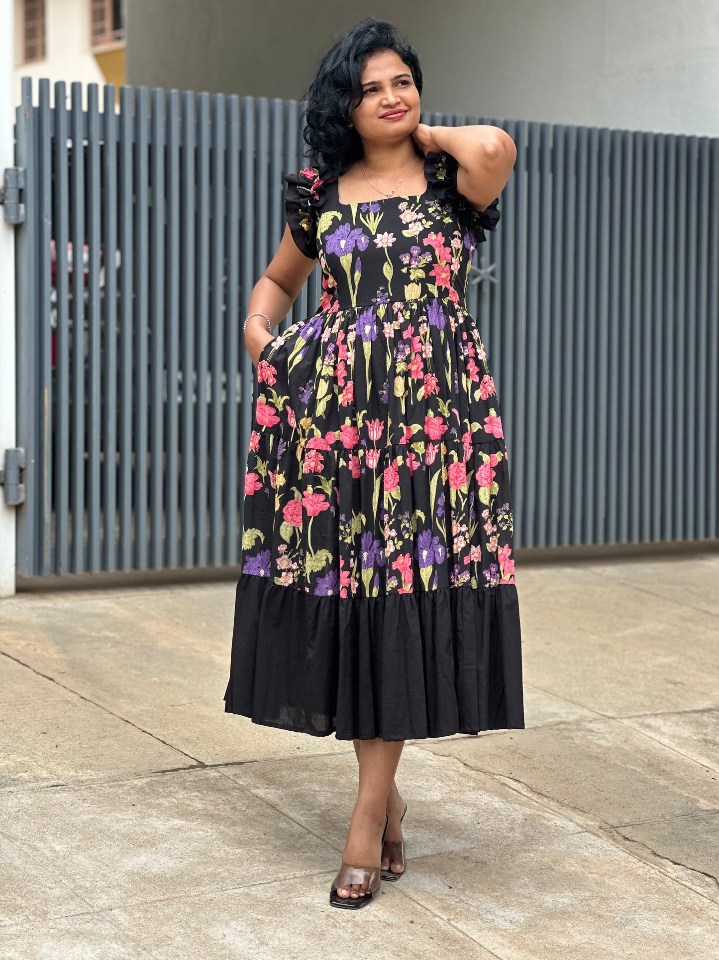 Zeya Black 3 tiered midi  Dress