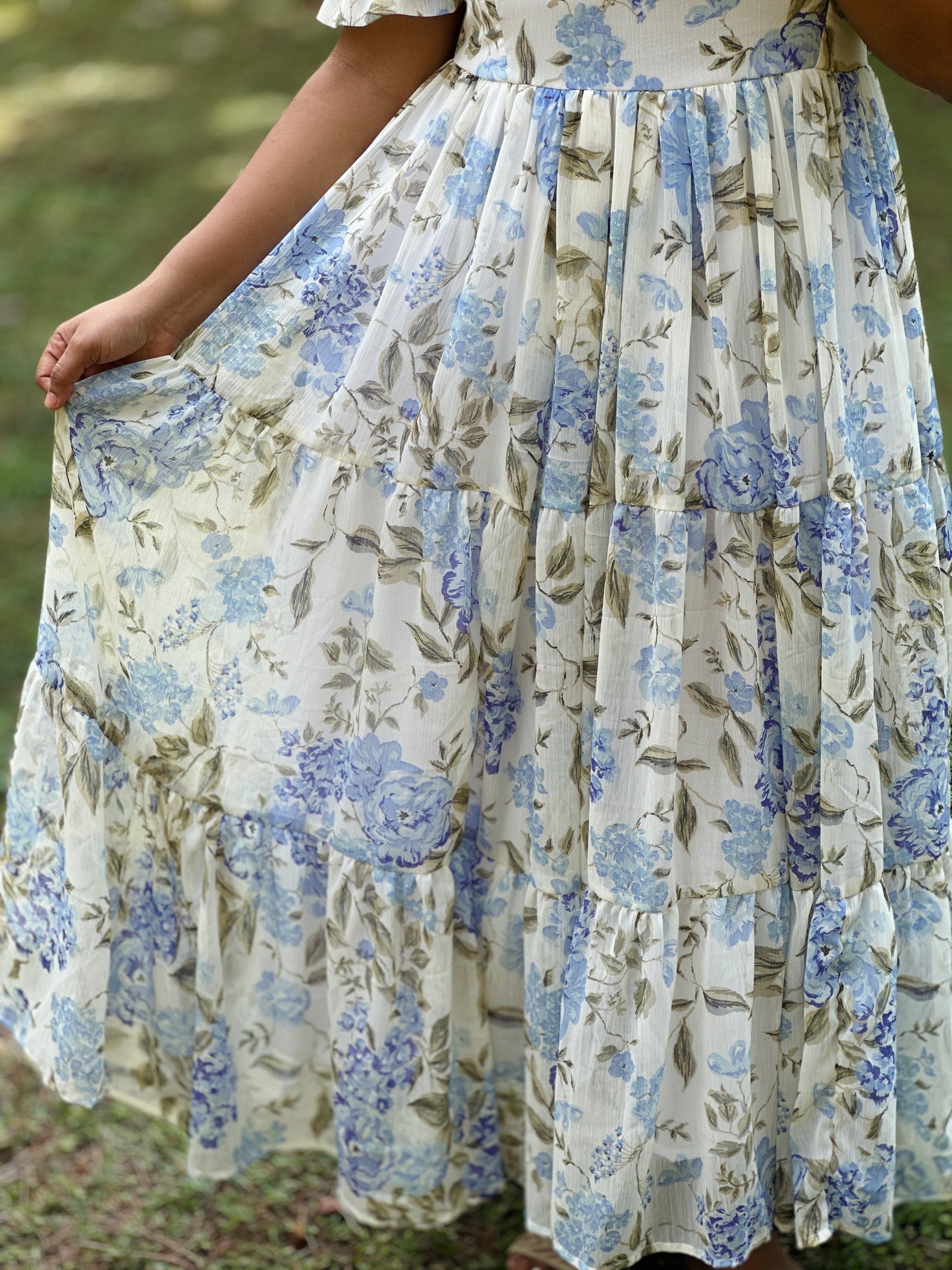 Iriselle White and Blue Floral  3 Tiered Dress